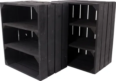 Produktbild von 2er Set Schwarze Kiste mit 2 schwarzen Mittelbrettern quer 50cm x 40cm x 30cm Holzregal Schuhregal black Obstkisten Weinkisten Balkon Regal groß Vintage