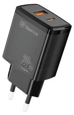 Produktbild von Baelux AD55 Super Fast USB-A + USB-C 20W PD Netz-Adapter, schwarz