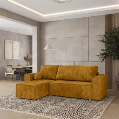 Produktbild von Masseno Ecksofa RAVELO P mit Schlaffunktion L-Form, Sofa mit Bettkasten, Wohnzimmersofa, Couch, Soffa, Bettsofa, Couchgarnitur- Gelb, POSO 01