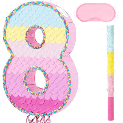 Zdjęcie produktu dla Omgoods - Piñata numer 8 na urodziny, w zestawie kij i opaska na oczy