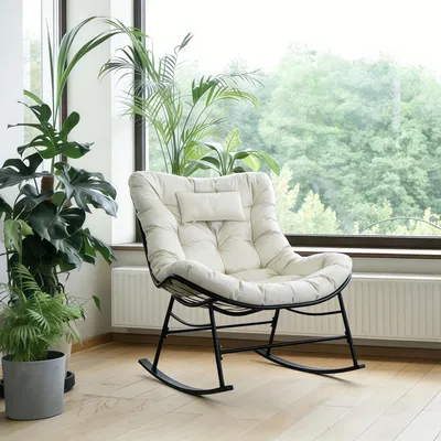 Produktbild von CCLIFE Schaukelstuhl Schaukelsessel Extra groß Wohnzimmer Relaxstuhl Kopfstütze Belastbarkeit Bis 150kg Beige