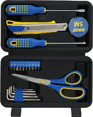 Produktbild von Kinzo Werkzeugsatz 21teilig - Werkzeugkoffer gefüllt - 2x Schraubendreher, Schere, Messer, Sechskantschlüssel, Klebeband, Bits