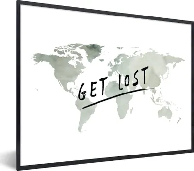 Produktbild von MuchoWow® Gerahmtes Poster Weltkarte - Grau - Weiß 80x60 cm - Poster mit Schwarzem Bilderrahmen Wandposter Rahmen Foto Bilder - Schwarzem - Mit Gestell