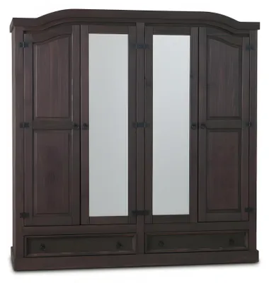 Image de New Mexico Armoire 4 portes avec 2 portes miroir, 2 portes pleines et 2 tiroirs, largeur 194 cm, hauteur 193 cm, finition style colonial.