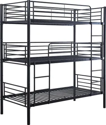A black metal triple bunk bed is shown against a white background.