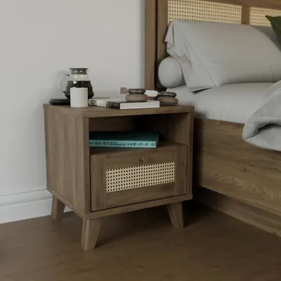 Produktbild von Forte GLENKEEN Nachtkommode 45, Nachttisch im Boho-Stil mit Rattangeflecht, 1 Schublade, Holzwerkstoff, Valencia Eiche Holzdekor|Naturrattan, 44,8 cm breit x 48 cm hoch x 42 cm tief