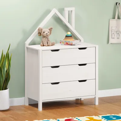 Produktbild von Kommode ELANO in Hausform - Weiß, massives Kiefernholz, 3 große Schubladen, Kinderzimmer Aufbewahrung, Kleiderschrank, Kinderzimmer möbel,  Schubladenkommode