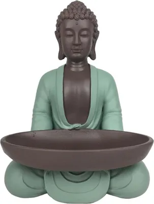 A Buddha statue with a tray in its lap, set against a white background.