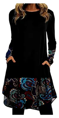 Produktbild von Winterkleider Damen Elegant Rundhals Strickkleid Winter Tunika Kleider Mit Taschen Sweatkleid Boho Freizeitkleid Drucken Cordkleid Pulloverkleid