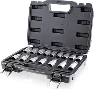 A black plastic case containing a set of 16 Torx bits and sockets, presented on a white background.