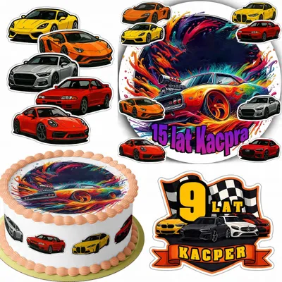 Image de Zestaw Opłatek Na Tort 20Cm + 16 Postaci - Auta Wyścigowe + Imię 15Cm 18Cm