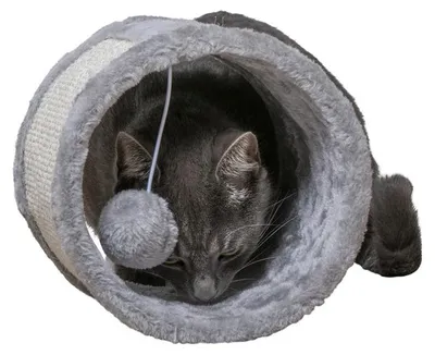 Produktbild von maxxpro Katzentunnel mit Ball  Kratzbaum für Katzen - Kratztonne - Katzenhöhle Katzen Zubehör - Ø 21x19 cm - Grau