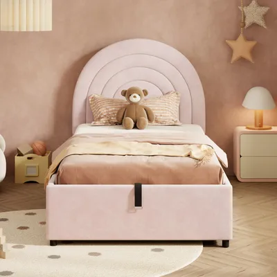 Produktbild von MODFU Kinderbett 90x200 Polsterbett Jugendbett mit Lattenrost, Kopfteil und Holzlatten, Einzelbett aus Samt, ohne Matratze, Rosa