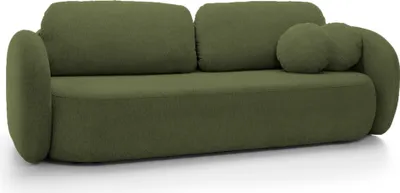 Produktbild von DomoHome Sofa OLIO Schlafsofa mit Bettkasten, Dekokissen, Klappfunktion, Skandinavisches Design, Liegefläche 142x200 cm, Schwarze Beine, Größe: 238x86x101cm, Farbe: GRÜN