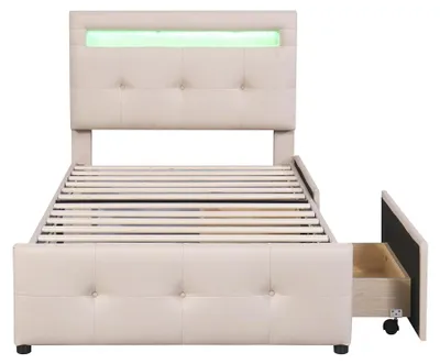 Productafbeelding van Bedframe - Enkel bed - 90 x 200 cm - Hout - Gestoffeerd hoofdeinde - LED-verlichting - 2 lades met opbergruimte - Beige