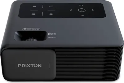 A black projector is shown from a slightly elevated front-left angle against a white background.
