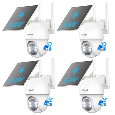 A collage of four identical solar-powered 4G LTE security cameras.