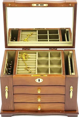 Obrázek produktu pro Šperkovnice Šperkovnice Casket Šperkovnice Zásuvková skříňka 4 vrstvy dřeva pro šperky, prsten, náhrdelník a hodinky, dárek