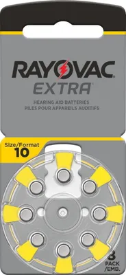 A package of Rayovac Extra hearing aid batteries.
