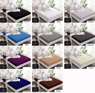 A collage of different colored fitted sheets on beds.