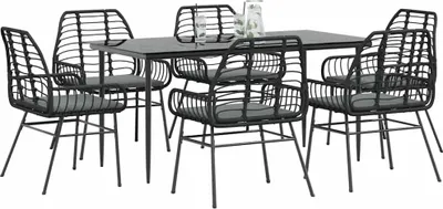 Produktbild von vidaXL 7-tlg. Garten-Essgruppe mit Kissen Schwarz Poly Rattan Glas
