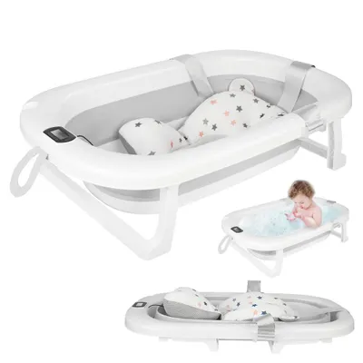 Produktbild von Baby Badewanne Faltbar mit Thermometer und Kissen Babybadewanne 76 cm Grau