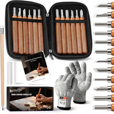 Produktbild von Schnitzwerkzeug Set für Kinder 16-teilig, Holz Schnitzmesser, mit Handschuhen und Schleifstein