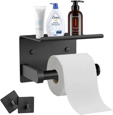 Produktbild von Unyqoos® Toilettenpapierhalter aus Edelstahl, schwarz – mit Handyablage, selbstklebend oder verschraubt montierbar, 2 Haken, rostfrei für Bad & Küche