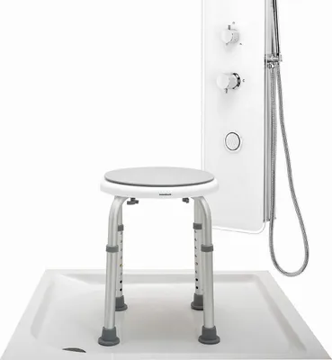 A shower stool and shower panel are displayed against a white background.