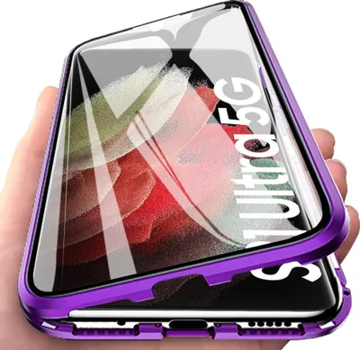 Immagine prodotto di custodia protettiva a 360° per Samsung Galaxy S21 5G Copertura in vetro temperato con assorbimento magnetico, telaio in metallo viola