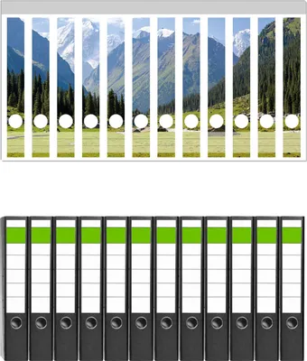 Produktbild von Wallario 12 Stück schmale Ordner inkl. Klebeetiketten mit Motive Gebirgspanorama Himmelsgebirge -  Set mit Rückenschildern / Ordnerrücken Stickern
