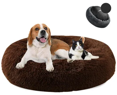 Image de Lit pour chien en forme de donut, en peluche, lavable, diamètre 100 cm, couleur café