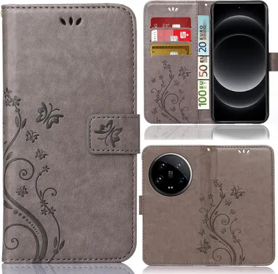 Produktbild von Handy Tasche für Xiaomi 14 Ultra Schutz Hülle Handyhülle mit Blumenmuster Klapp Hülle mit Standfunktion und Kartenfächer Grau
