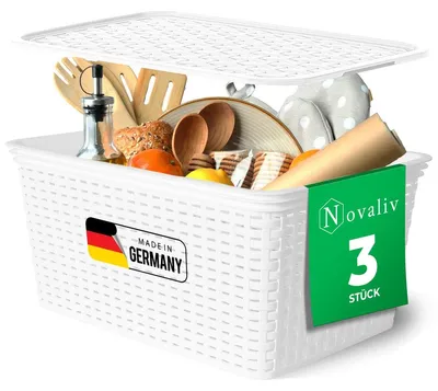 Produktbild von Novaliv 3er Set Aufbewahrungsbox mit Deckel Küche 14L Weiß Kunststoff Rattan-Optik Küche Aufbewahrung & Organisation BPA-Freie Schrank Organizer Ordnungsboxen für Teebeutel Snacks Gewürze