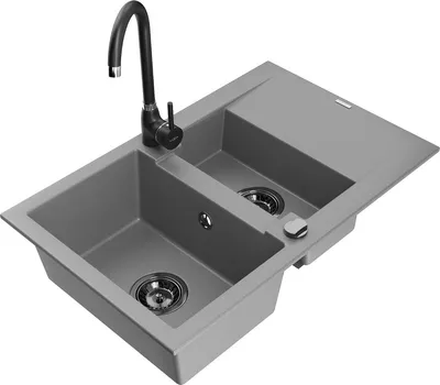 Produktbild von Mexen Gaspar 1,5-Becken-Granitspüle mit Abtropffläche und Mischbatterie Telma, Grau - 6507-71-670200-70-B