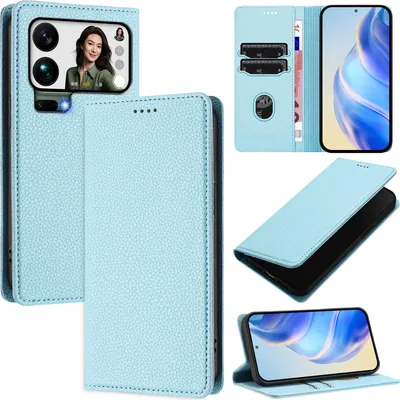 Produktbild von Litchi Leder Handyhülle für Xiaomi 17 Pro Max Wallet Kartenfächer Standfunktion Hülle Hellblau