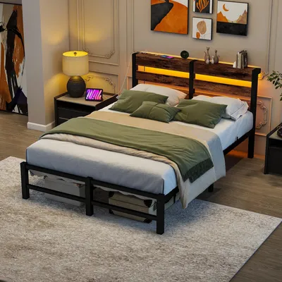 Produktbild von Flieks Jugendbett 120x200cm mit USB, Kinderbett Metallbett mit LED, Klassisches Bett Doppelbett mit Kopfteil und Lattenrost, Braun