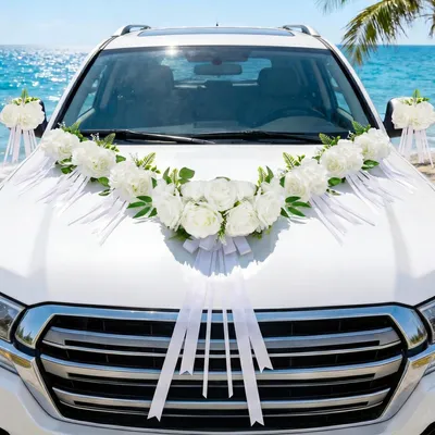 Produktbild von Autoschmuck Hochzeit Weiß Seidenblumen & Bänder Set mit Saugnapf