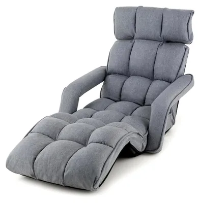 Produktbild von Relaxliege, Bodenliege 6-fach verstellbar, Faltbarer Bodenstuhl, Relaxsessel mit Schlaffunktion, Liegesessel mit Armlehnen, bis 140 kg belastbar, Klappsessel für Schlafen und Lesen (Hellgrau)