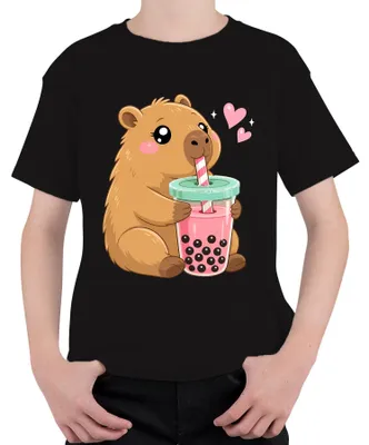 Produktbild von Kawaii Capybara Boba Bubble Tea Süß Wasserschwein Japan Nagetier Kinder T-Shirt, Schwarz, 116