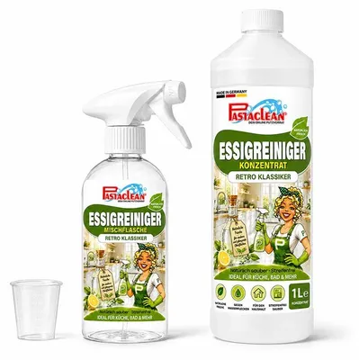 Produktbild von Pastaclean Essigreiniger Konzentrat 1 L – Haushaltsreiniger gegen Kalk & Wasserflecken für Bad, Küche, WC & Fliesen, Apfel-Zitrone, mit Mischflasche, KI-generiertes Bild