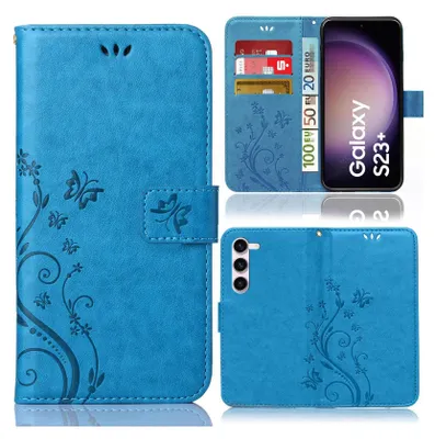 Produktbild von Handy Tasche für Samsung Galaxy S23 Plus  Schutz Hülle Handyhülle mit Blumenmuster Klapp Hülle mit Standfunktion und Kartenfächer Blau
