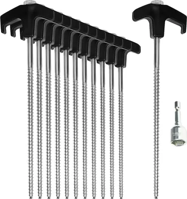 Produktbild von com-four® 12x Zelt-Heringe aus Stahl mit Adapter für Akkuschrauber - Schraubheringe - robuste Erdnägel mit Gewinde für Camping und Outdoor - Zeltpflöcke ideal für harten Boden