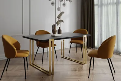 Produktbild von Ausziehbarer Rechteckiger Esstisch im Loft-Stil - Großer Industrietisch mit Goldenen Metallbeinen, 140 bis 240 cm - Platzsparender Konferenztisch für Wohnzimmer und Büro - Schwarz