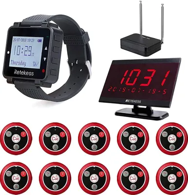 Produktbild von Retekess T128-T117-TD105 Restaurant Pager System, Drahtloses Anrufsystem Sprachübertragungsmodi 1 Uhrenempfänger 1 PC-Displayempfänger für Bar Dentist Clinic Veterinary Shop