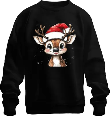 Produktbild von Weihnachtsrentier Niedlich Santa Hut Schneeflocken Aquarell süß Uni Sweatshirt Pullover, Schwarz, 3XL