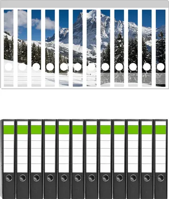 Produktbild von Wallario 12 Stück schmale Ordner inkl. Klebeetiketten mit Motive Verschneiter Berghang unter blauem Himmel -  Set mit Rückenschildern / Ordnerrücken Stickern