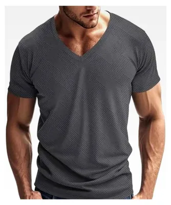 Produktbild von Modisches, strukturiertes, lässiges, kurzärmliges T-Shirt mit V-Ausschnitt und einfarbigem Oberteil für Herren in Schwarz