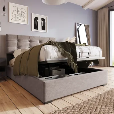 A bedroom scene with a bed featuring a storage compartment.
