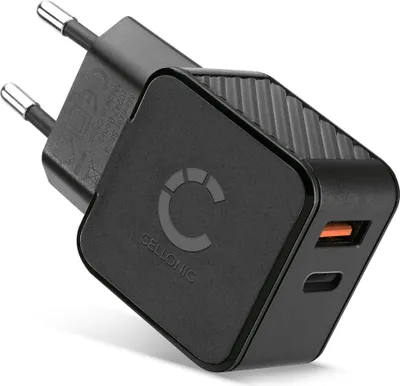 Produktbild von CELLONIC Doppel USB und USB C Ladegerät Netzstecker Ladeadapter 20W PD Schnellladegerät Netzteil kompatibel mit iPhone, Samsung, iPad, Huawei, Switch, PSP, GPS, Handy, Tablet - Schwarz
